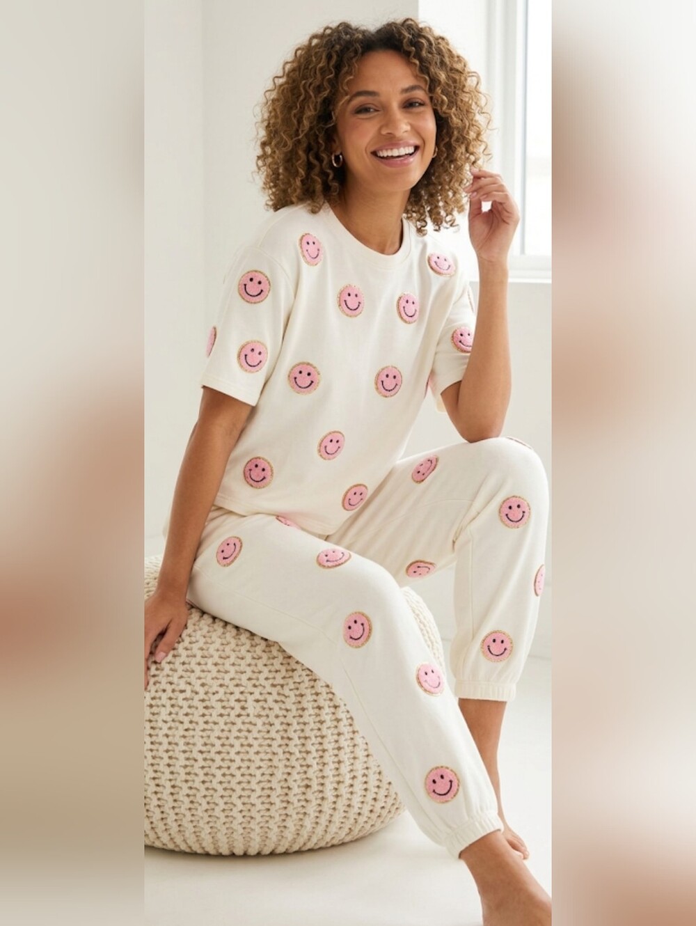 ​WHY Dress Pink Smiley Face Chenille Patch Loungewear Set White Medium M